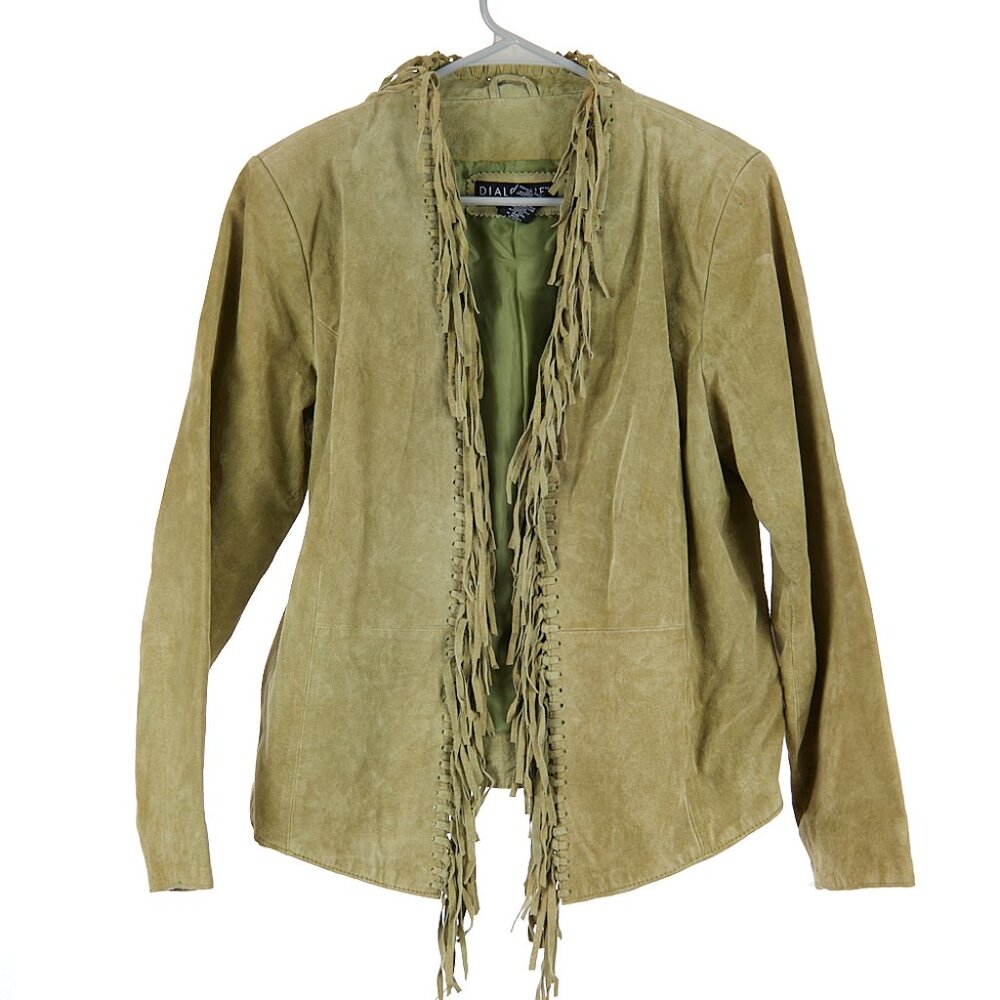 Vintage Green Western Fringe Genuine Suede Leather Open Front Jacket Small